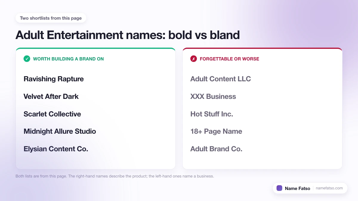 Two columns of Adult Entertainment business names: five that work as a brand, four that only describe the product.