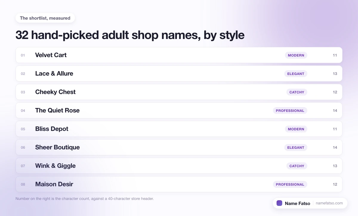 Eight hand-picked Adult Shop business names, each tagged with its style and its character count.