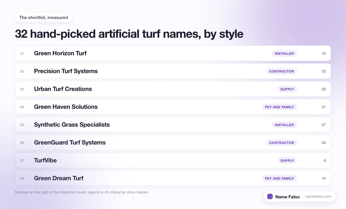 Eight hand-picked Artificial Turf business names, each tagged with its style and its character count.