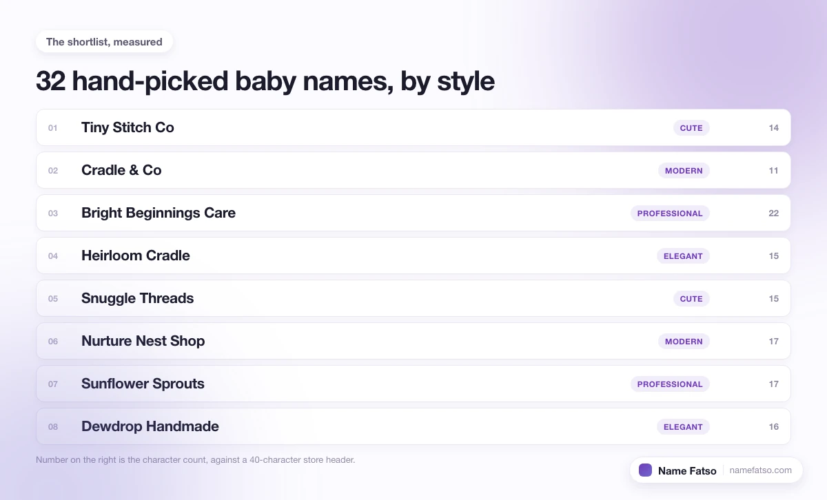 Eight hand-picked Baby business names, each tagged with its style and its character count.