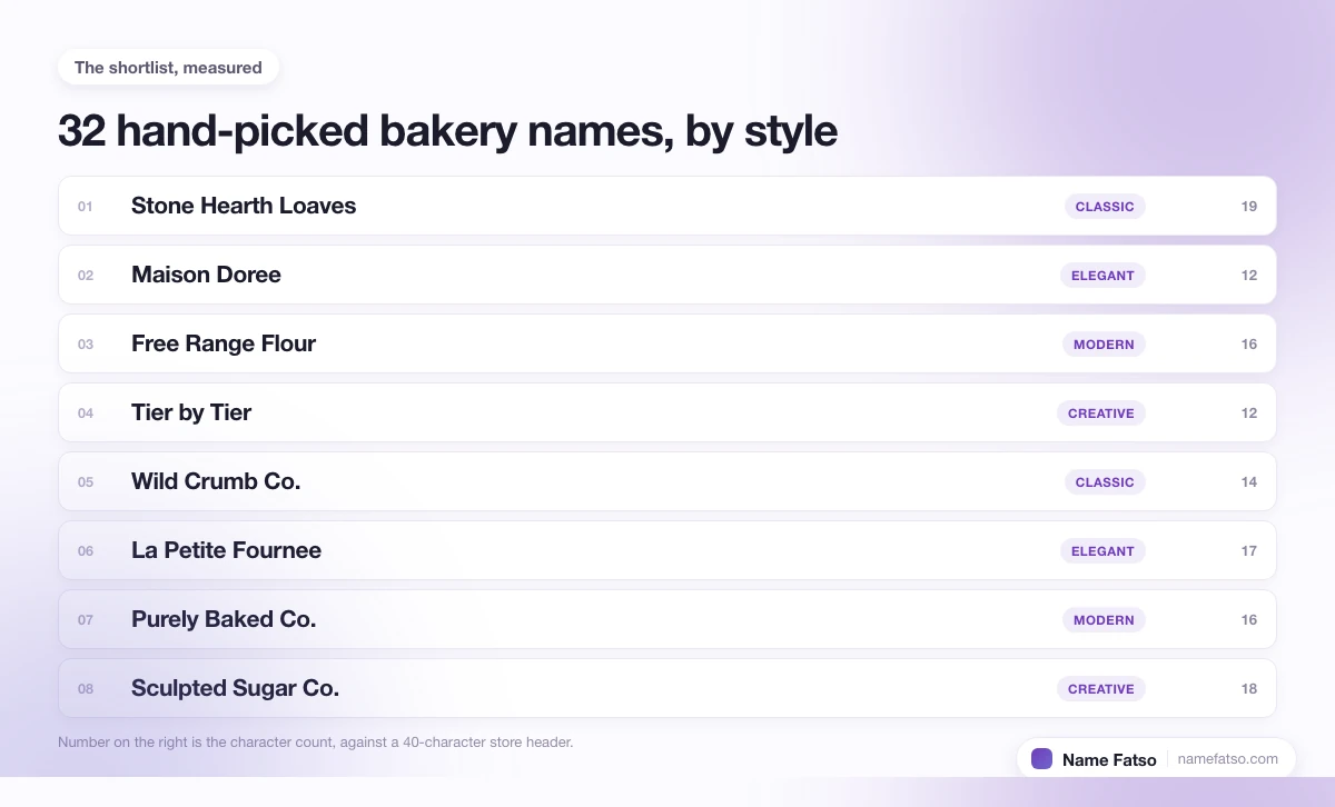 Eight hand-picked Bakery business names, each tagged with its style and its character count.