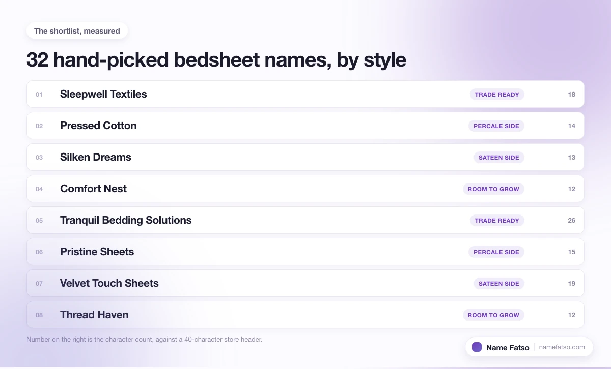 Eight hand-picked Bedsheet business names, each tagged with its style and its character count.