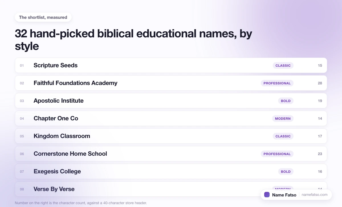Eight hand-picked Biblical Educational business names, each tagged with its style and its character count.