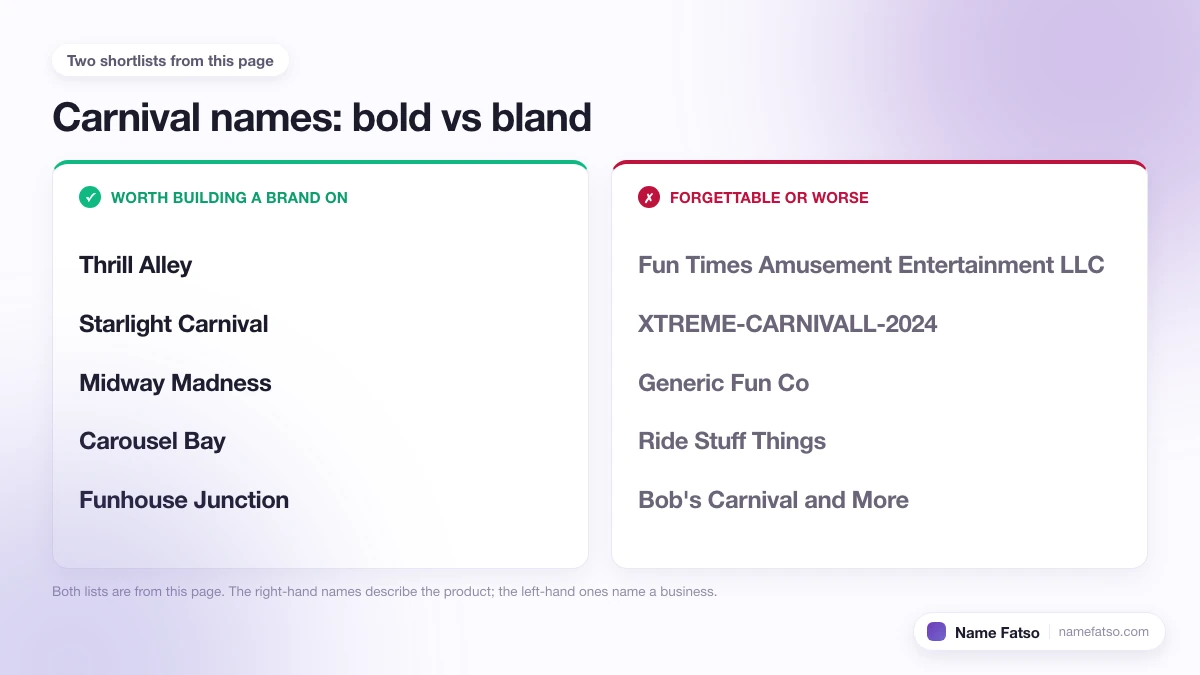 Two columns of Carnival business names: five that work as a brand, four that only describe the product.