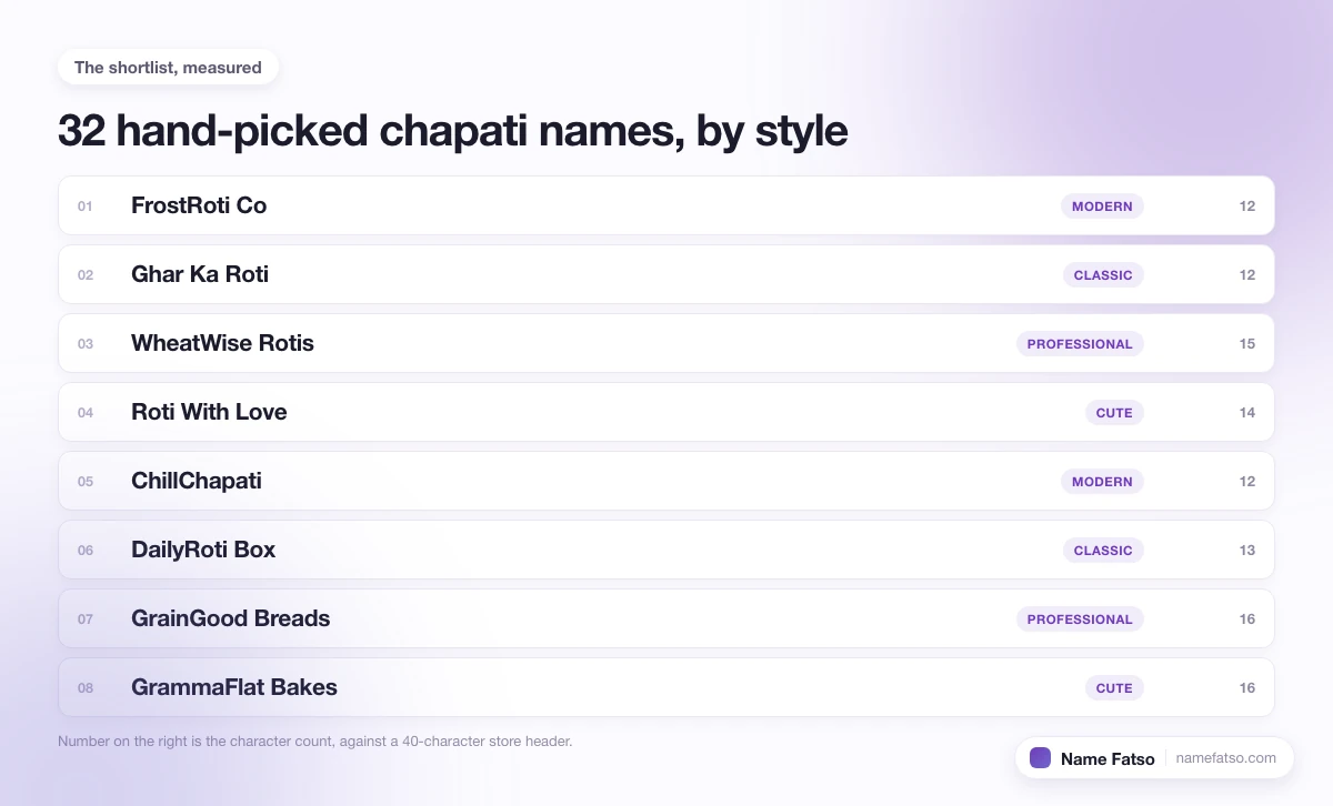 Eight hand-picked Chapati business names, each tagged with its style and its character count.