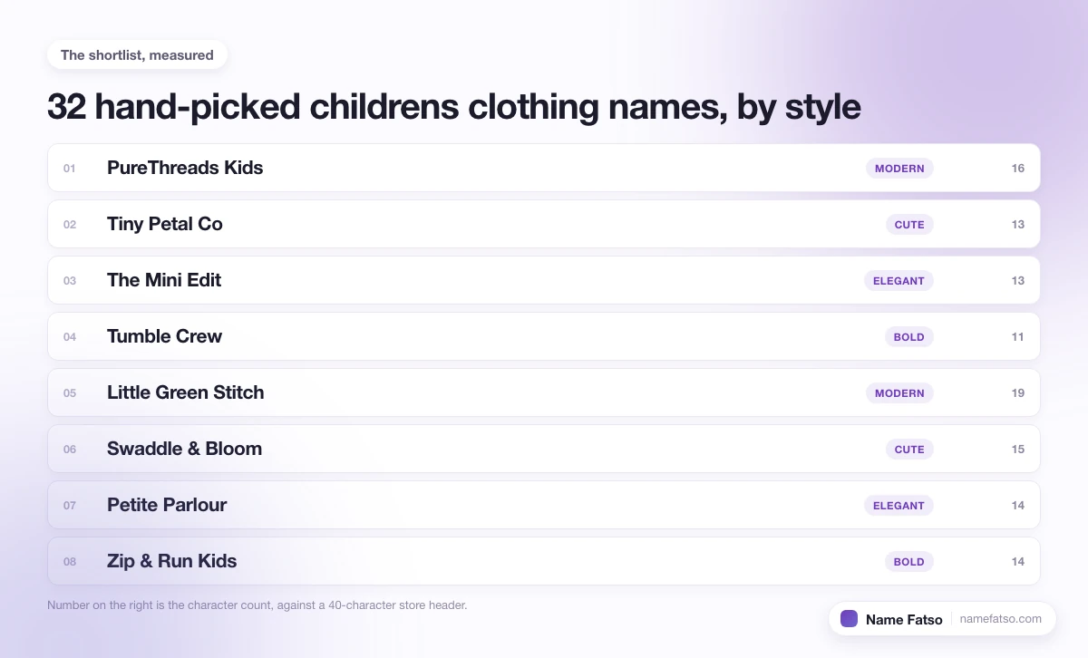 Eight hand-picked Childrens Clothing business names, each tagged with its style and its character count.