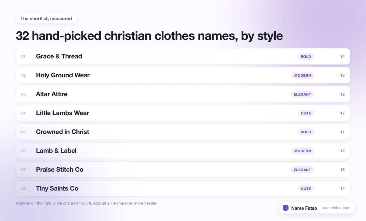 Eight hand-picked Christian Clothes business names, each tagged with its style and its character count.