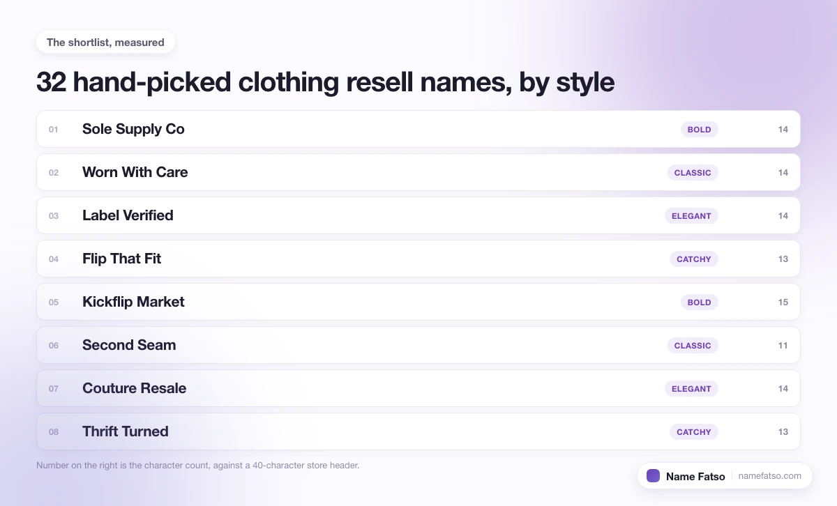 Eight hand-picked Clothing Resell business names, each tagged with its style and its character count.