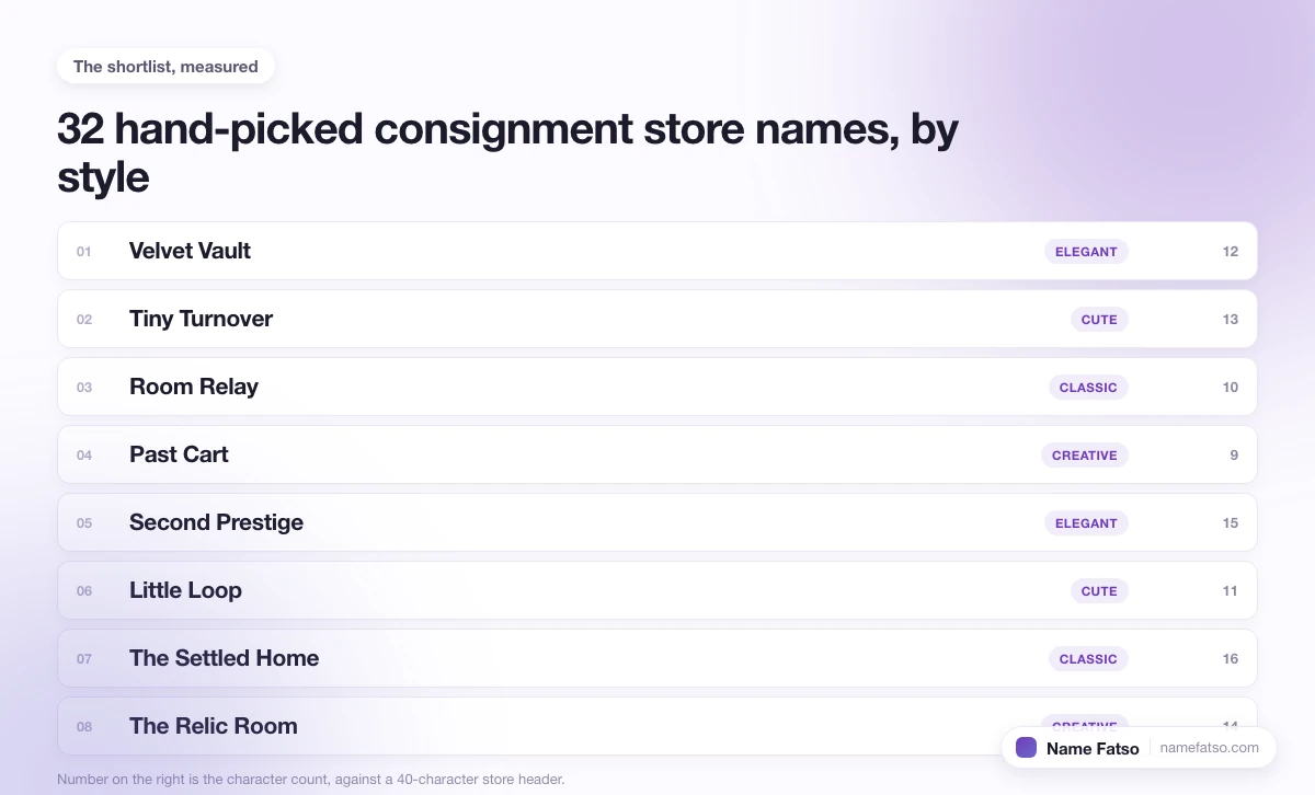 Eight hand-picked Consignment Store business names, each tagged with its style and its character count.