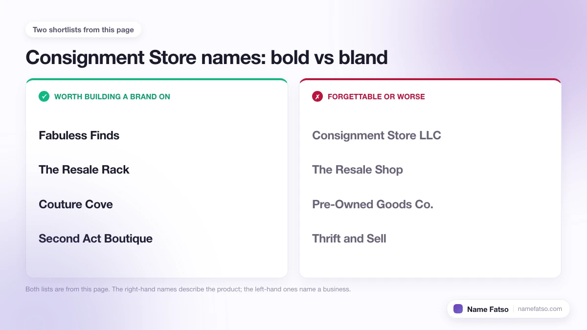 Two columns of Consignment Store business names: five that work as a brand, four that only describe the product.