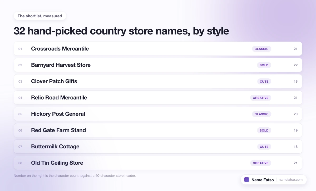 Eight hand-picked Country Store business names, each tagged with its style and its character count.