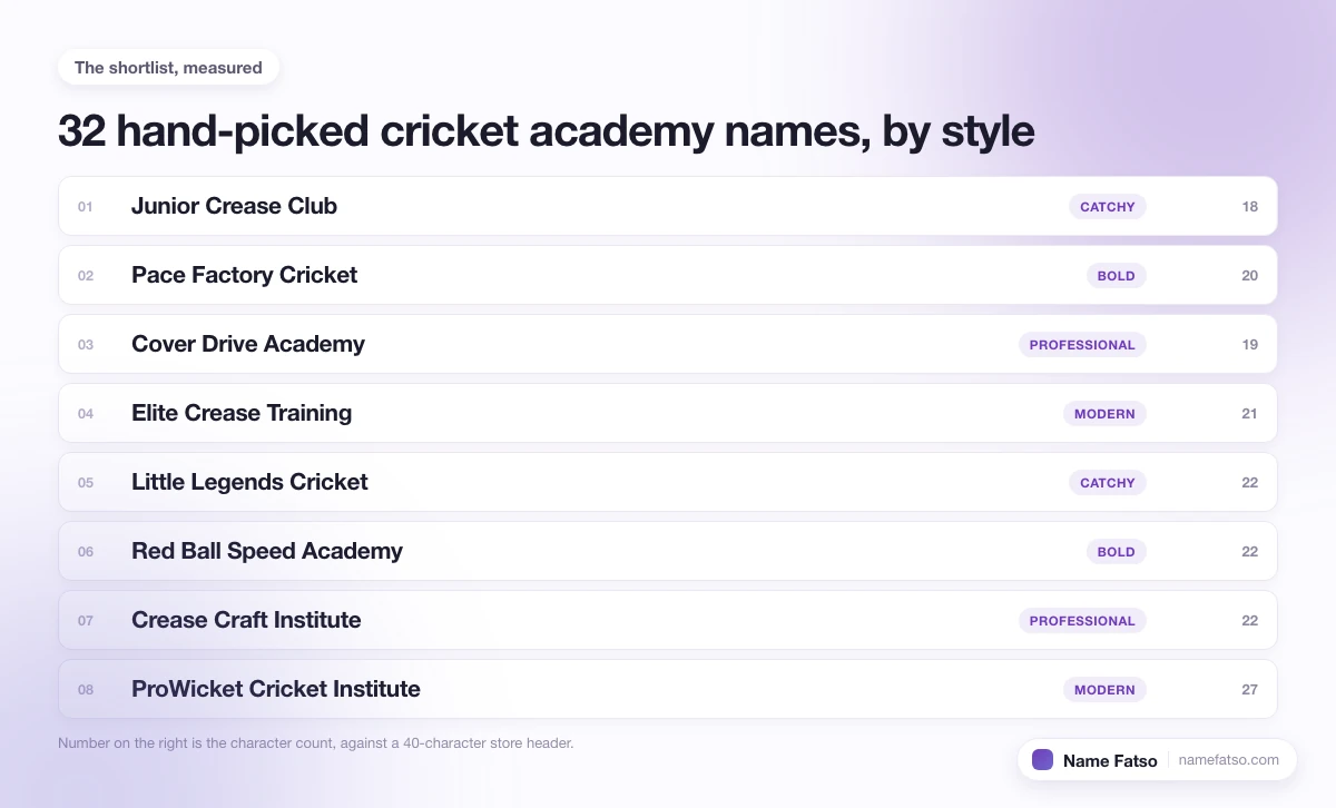 Eight hand-picked Cricket Academy business names, each tagged with its style and its character count.