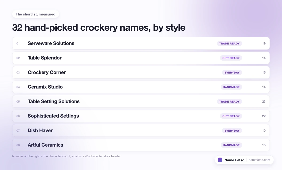 Eight hand-picked Crockery business names, each tagged with its style and its character count.