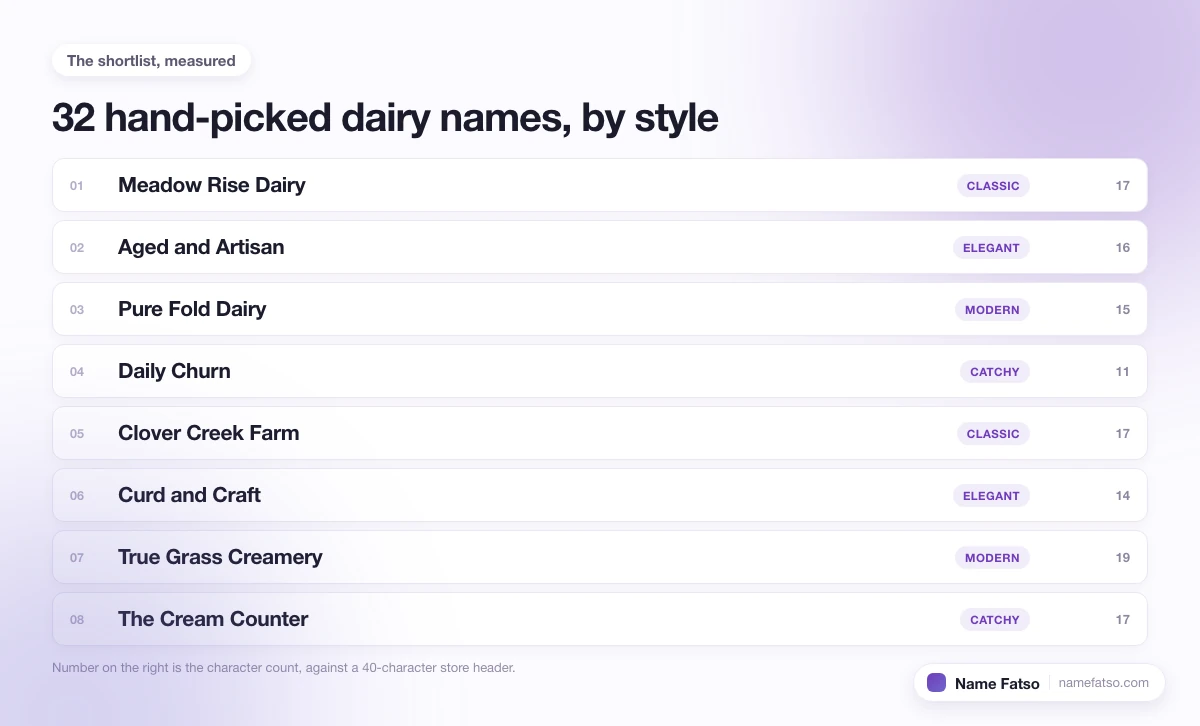 Eight hand-picked Dairy business names, each tagged with its style and its character count.