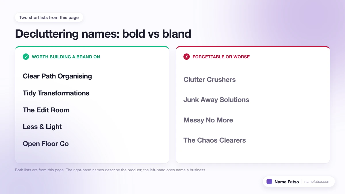 Two columns of Decluttering business names: five that work as a brand, four that only describe the product.