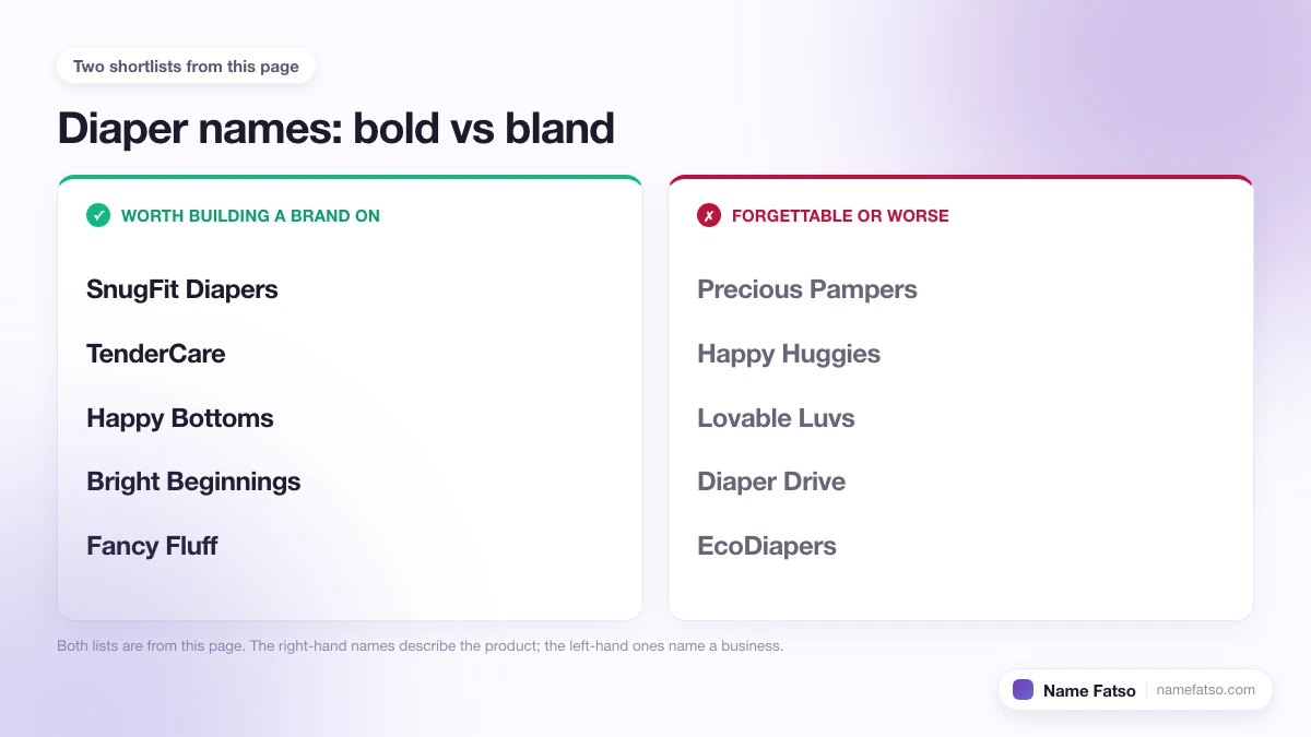 Two columns of Diaper business names: five that work as a brand, four that only describe the product.