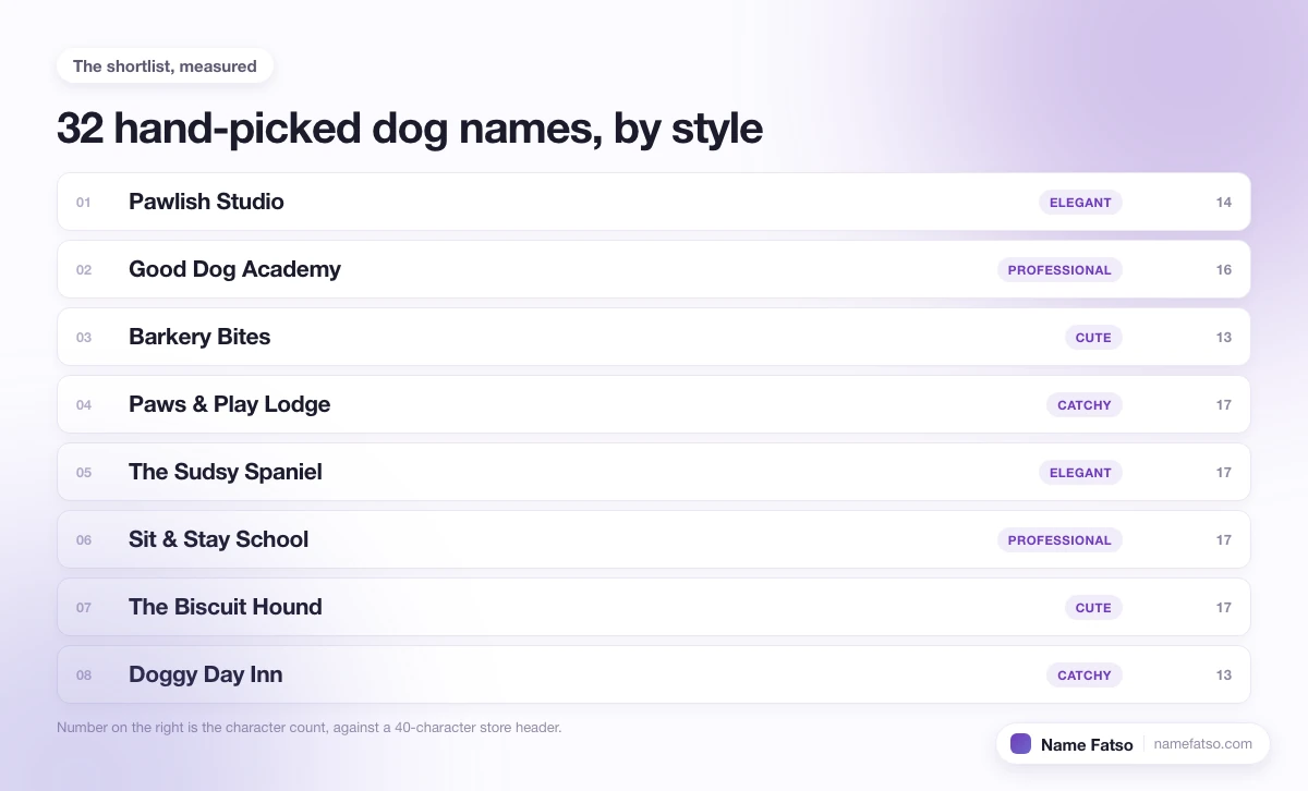 Eight hand-picked Dog business names, each tagged with its style and its character count.