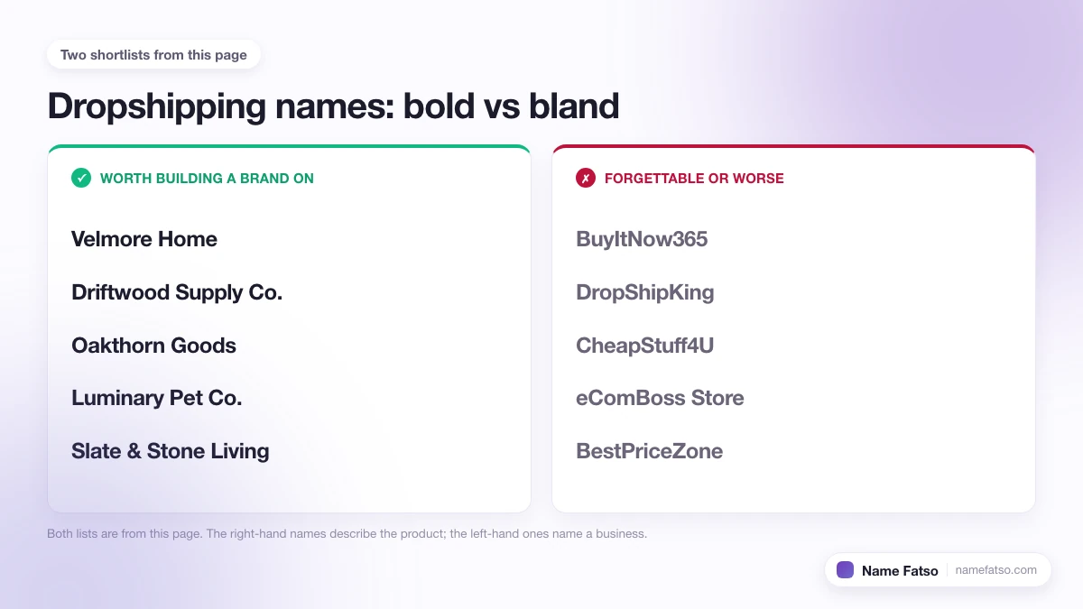 Two columns of Dropshipping business names: five that work as a brand, four that only describe the product.