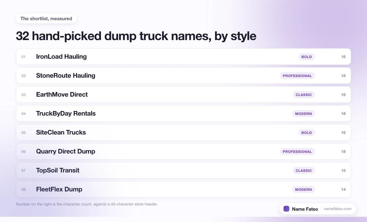 Eight hand-picked Dump Truck business names, each tagged with its style and its character count.