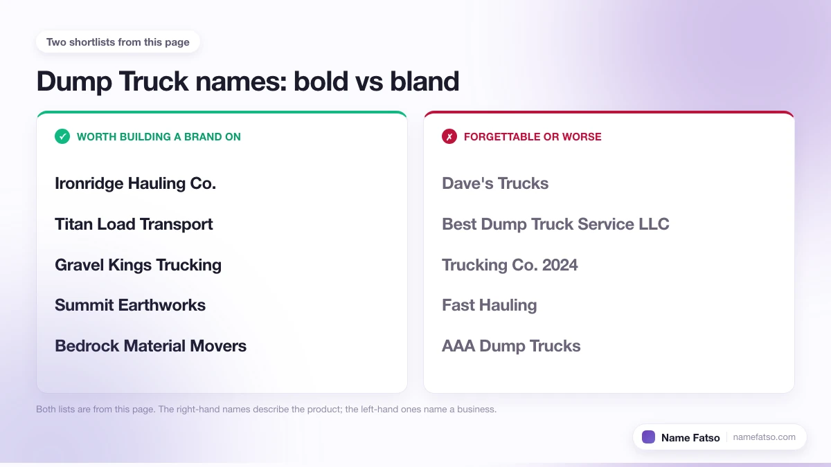 Two columns of Dump Truck business names: five that work as a brand, four that only describe the product.
