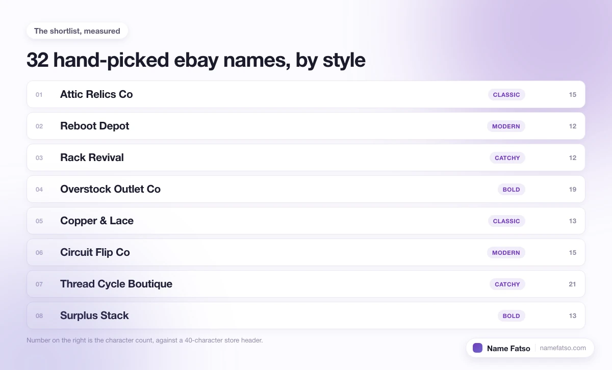 Eight hand-picked Ebay business names, each tagged with its style and its character count.