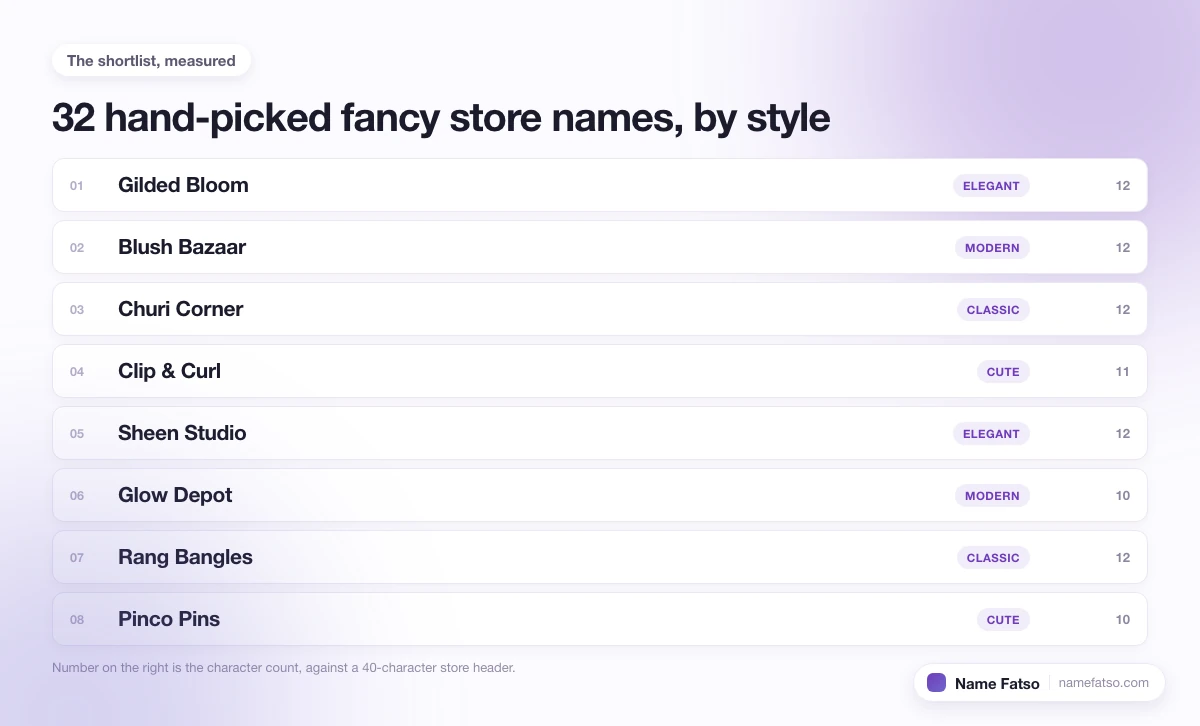 Eight hand-picked Fancy Store business names, each tagged with its style and its character count.