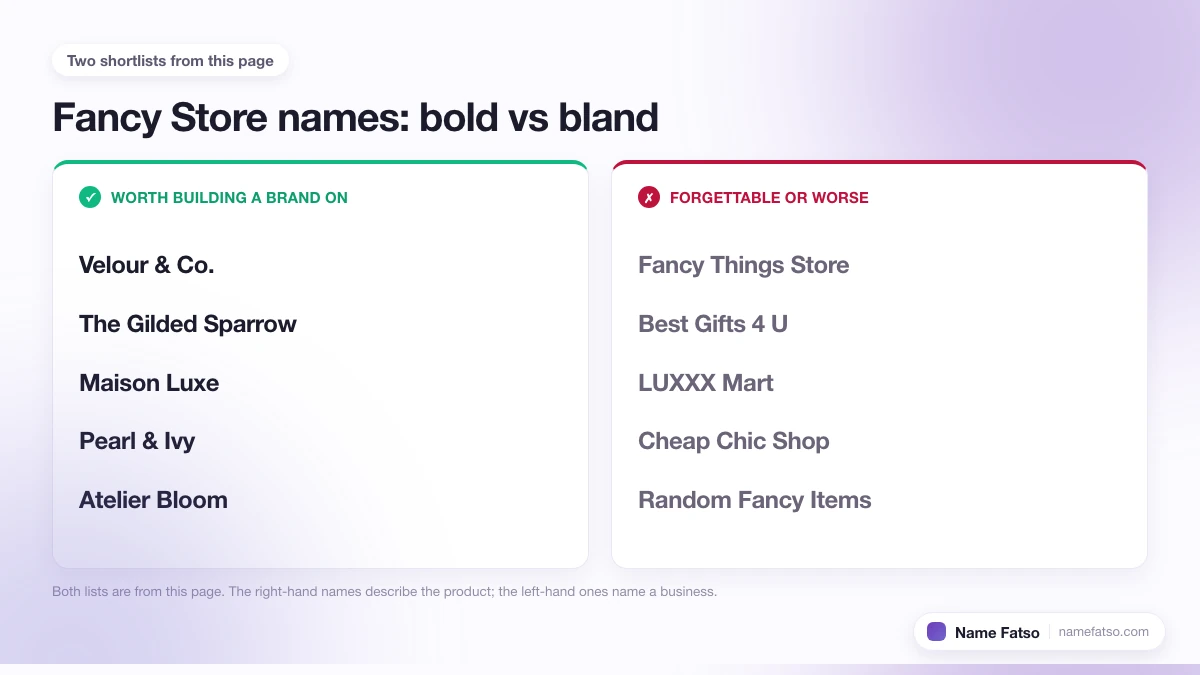 Two columns of Fancy Store business names: five that work as a brand, four that only describe the product.