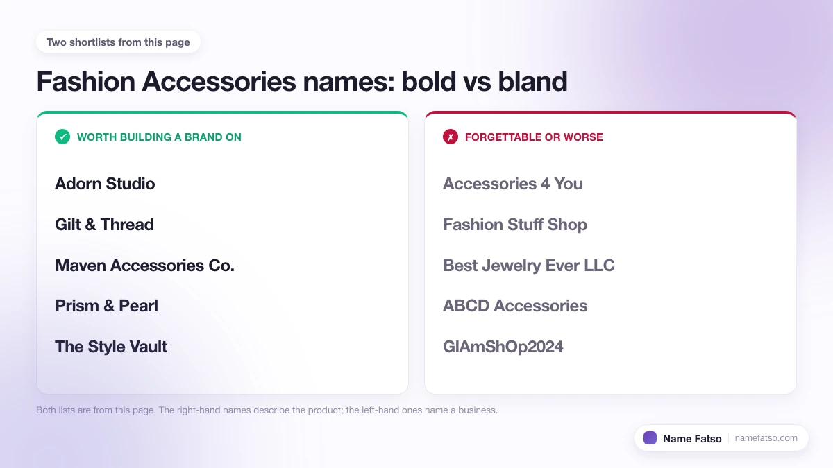 Two columns of Fashion Accessories business names: five that work as a brand, four that only describe the product.