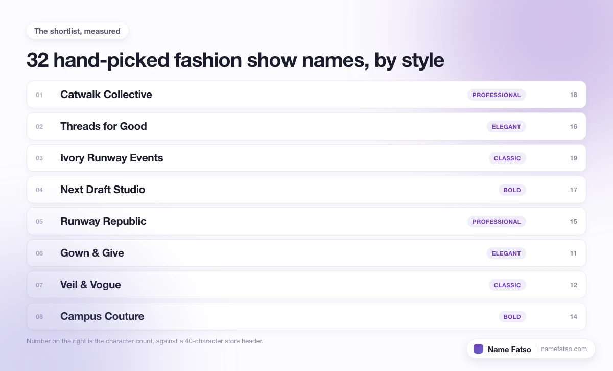 Eight hand-picked Fashion Show business names, each tagged with its style and its character count.