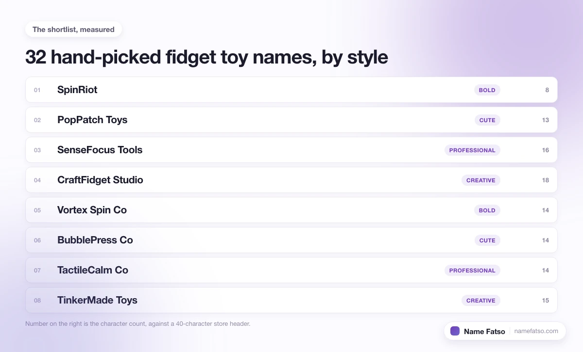 Eight hand-picked Fidget Toy business names, each tagged with its style and its character count.