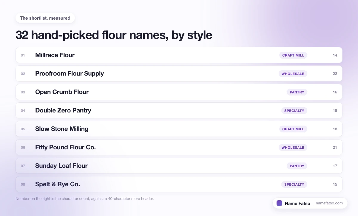 Eight hand-picked Flour business names, each tagged with its style and its character count.