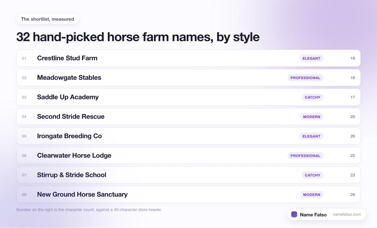 Eight hand-picked Horse Farm business names, each tagged with its style and its character count.