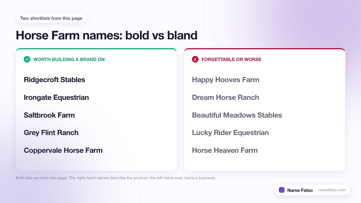 Two columns of Horse Farm business names: five that work as a brand, four that only describe the product.