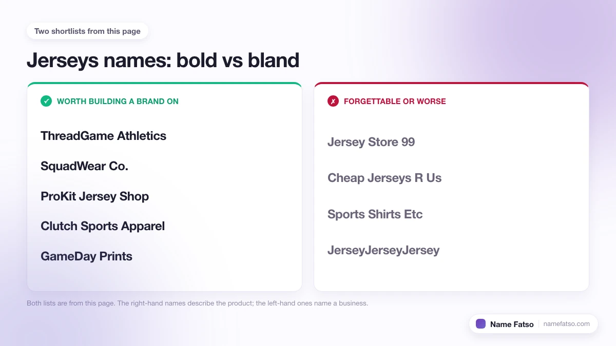 Two columns of Jerseys business names: five that work as a brand, four that only describe the product.