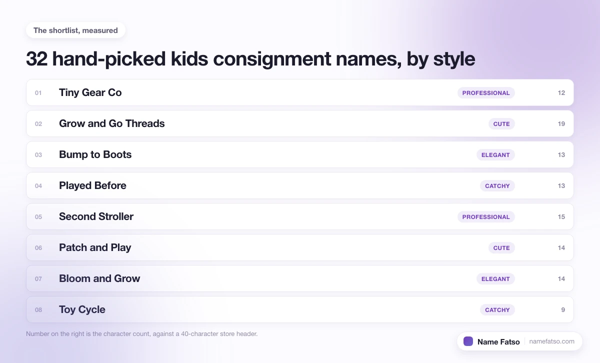 Eight hand-picked Kids Consignment business names, each tagged with its style and its character count.