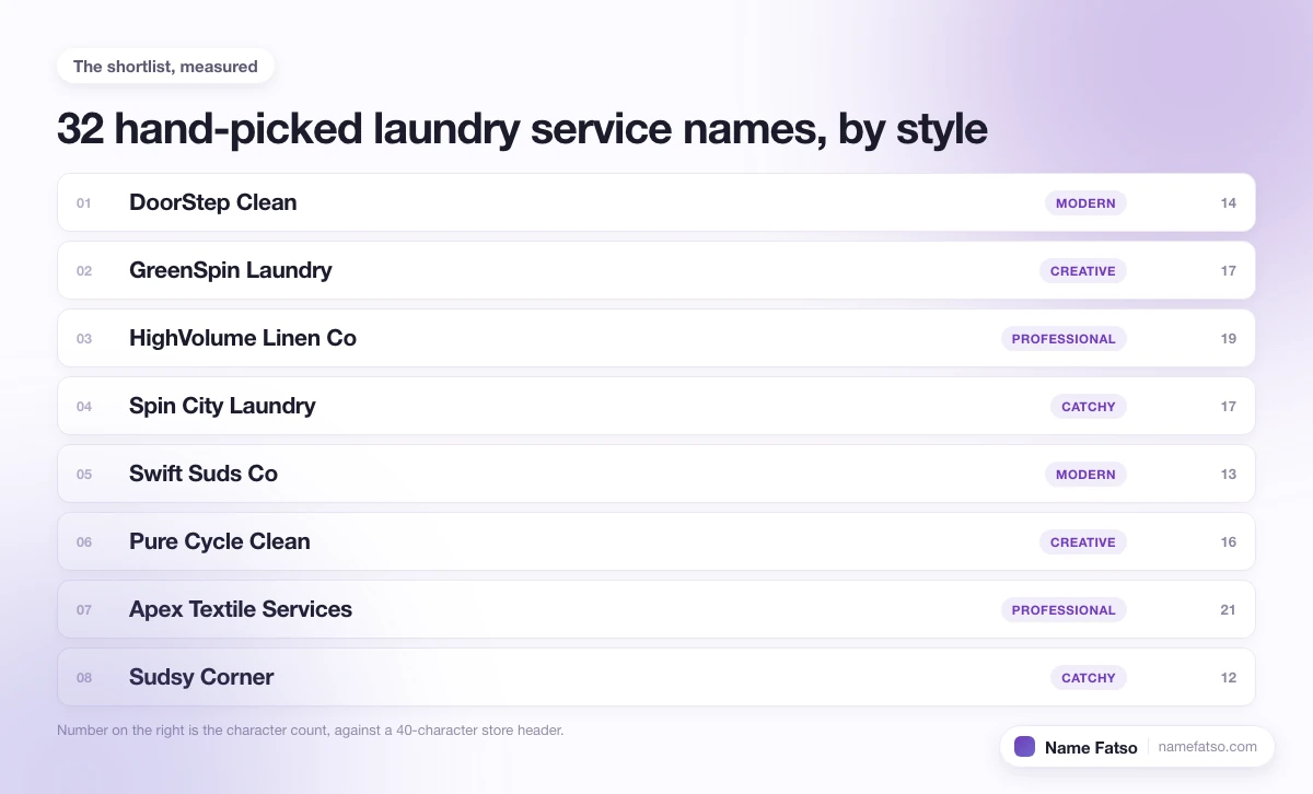 Eight hand-picked Laundry Service business names, each tagged with its style and its character count.