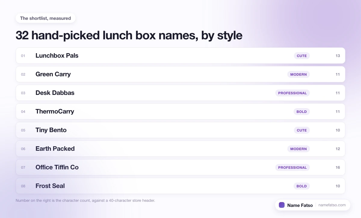 Eight hand-picked Lunch Box business names, each tagged with its style and its character count.