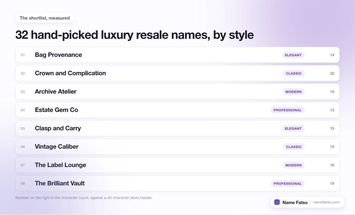 Eight hand-picked Luxury Resale business names, each tagged with its style and its character count.
