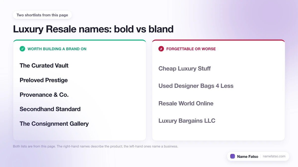 Two columns of Luxury Resale business names: five that work as a brand, four that only describe the product.