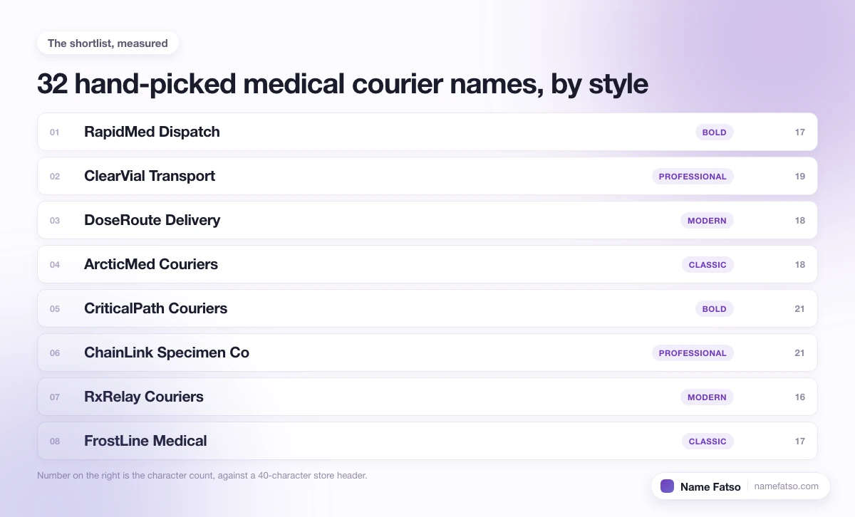 Eight hand-picked Medical Courier business names, each tagged with its style and its character count.