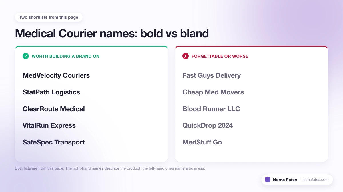 Two columns of Medical Courier business names: five that work as a brand, four that only describe the product.