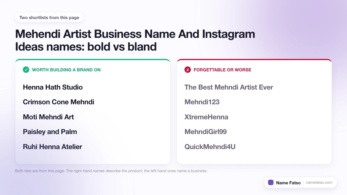 Two columns of Mehendi Artist Business Name And Instagram Ideas business names: five that work as a brand, four that only describe the product.