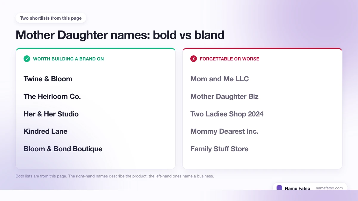 Two columns of Mother Daughter business names: five that work as a brand, four that only describe the product.