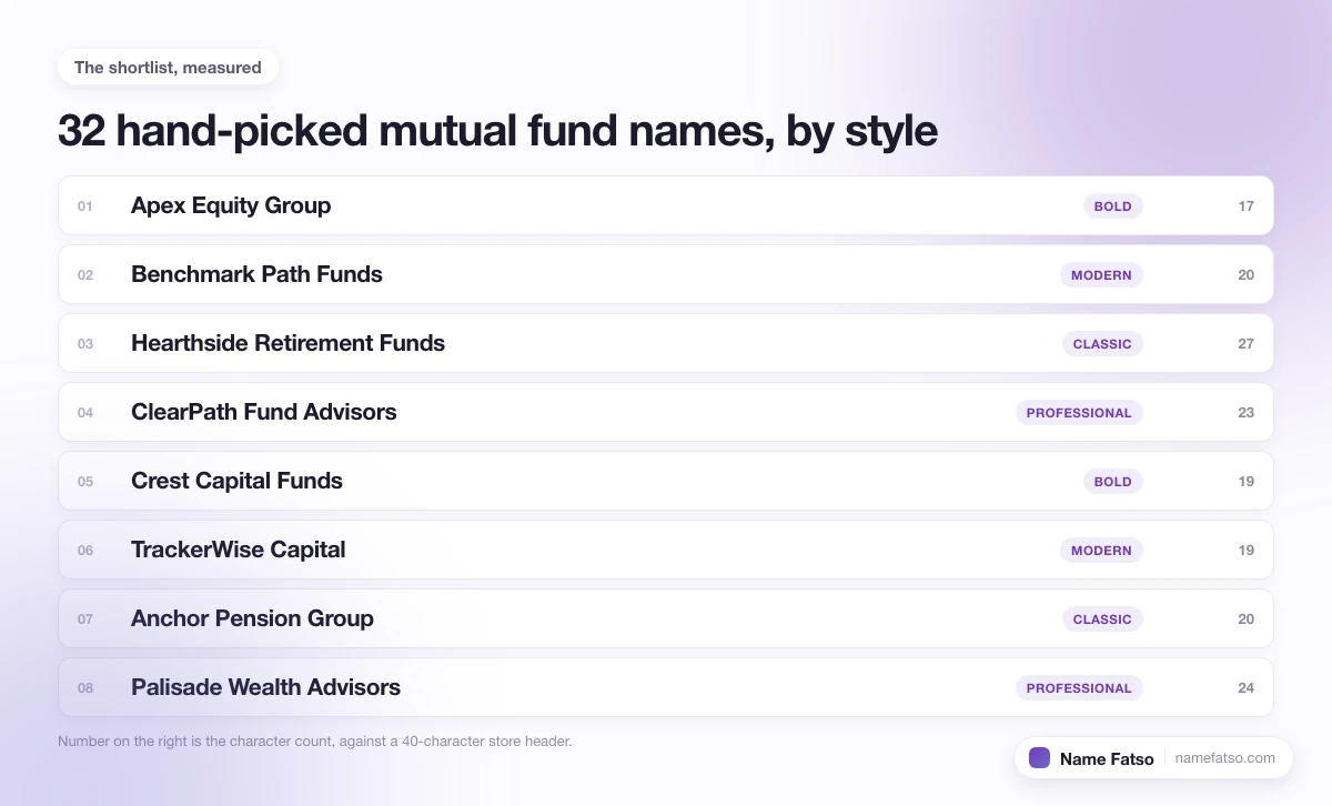 Eight hand-picked Mutual Fund business names, each tagged with its style and its character count.