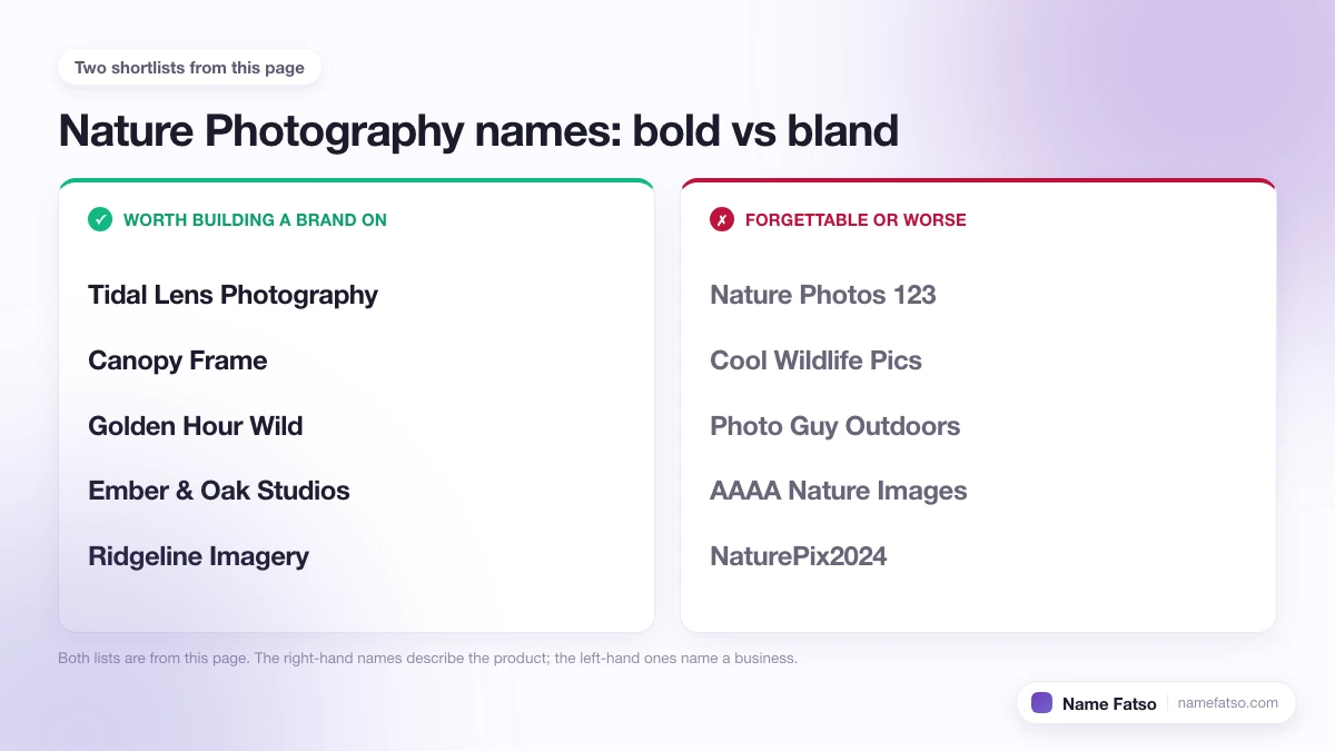 Two columns of Nature Photography business names: five that work as a brand, four that only describe the product.