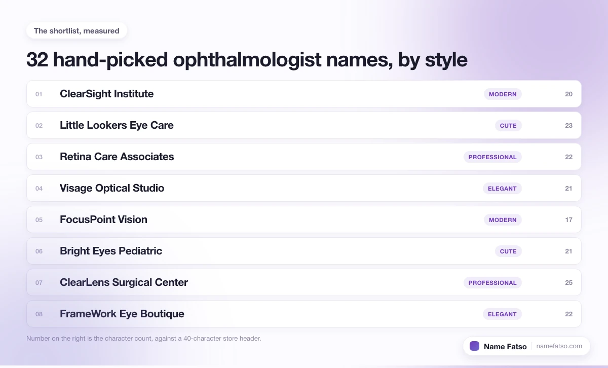 Eight hand-picked Ophthalmologist business names, each tagged with its style and its character count.