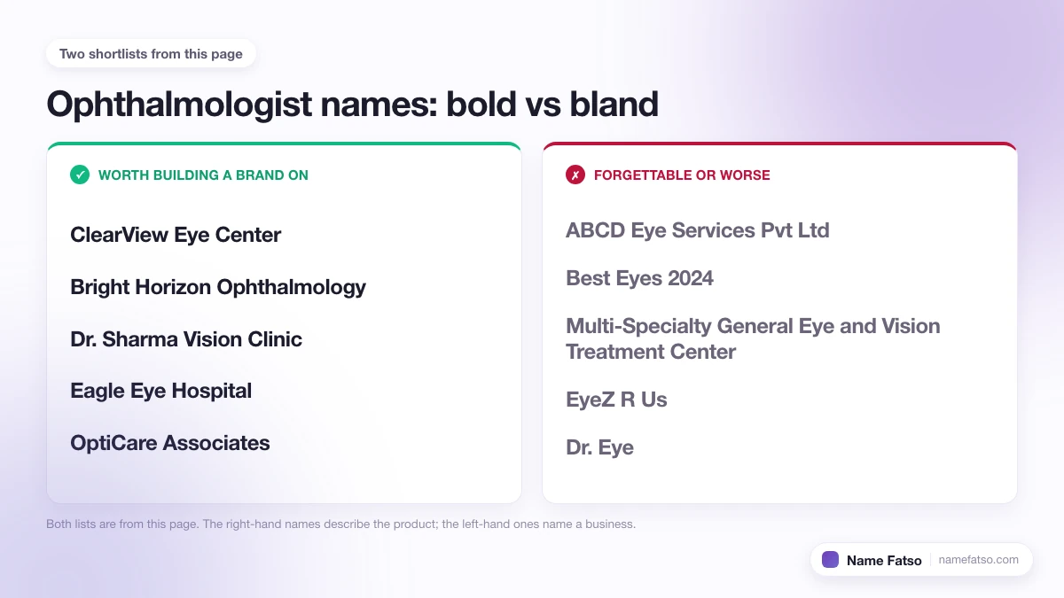 Two columns of Ophthalmologist business names: five that work as a brand, four that only describe the product.