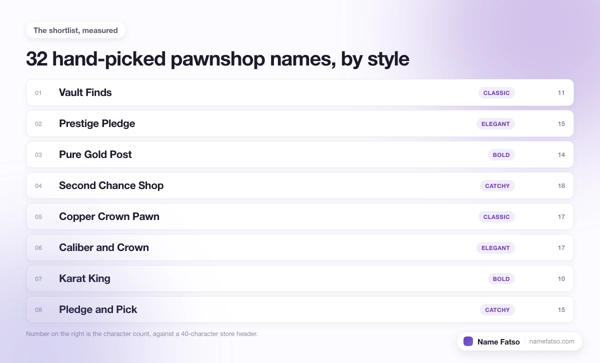 Eight hand-picked Pawnshop business names, each tagged with its style and its character count.