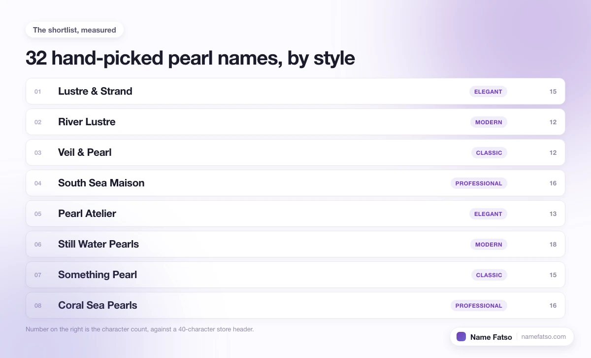 Eight hand-picked Pearl business names, each tagged with its style and its character count.