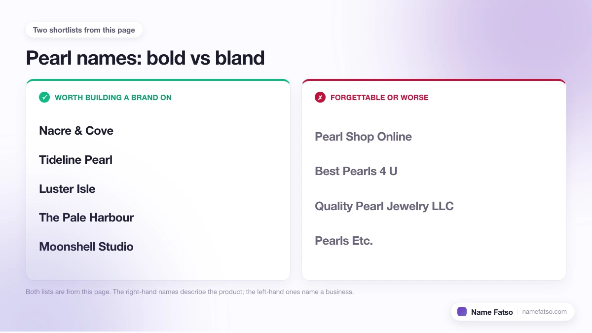 Two columns of Pearl business names: five that work as a brand, four that only describe the product.